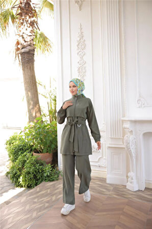Balıkçı Yaka Belden Bağcıklı Fermuarlı İkili Tesettür Eşofman Takımı - (38-46) - 71301 - Haki
