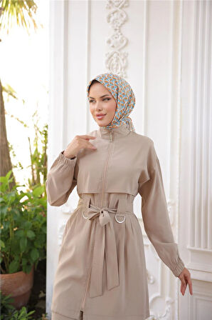 Balıkçı Yaka Belden Bağcıklı Fermuarlı İkili Tesettür Eşofman Takımı - (38-46) - 71301 - Bej