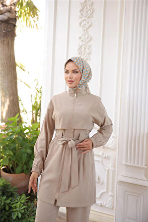 Balıkçı Yaka Belden Bağcıklı Fermuarlı İkili Tesettür Eşofman Takımı - (38-46) - 71301 - Bej