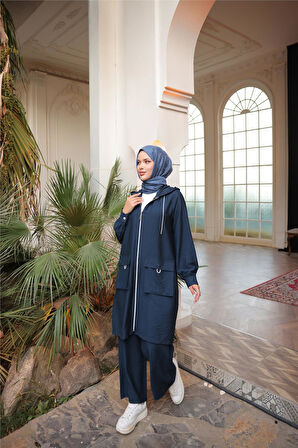 Kapşonlu Fermuarlı Çift Cepli Kap İkili Tesettür Eşofman Takımı - (38-46) - 71305 - Lacivert