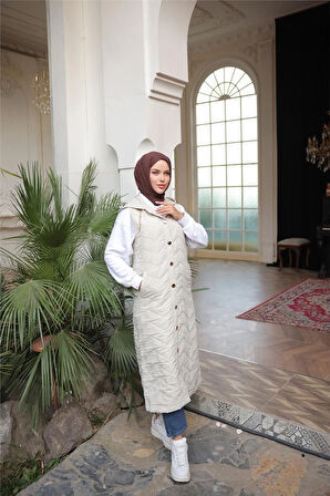 Kapşonlu Çıtçıtlı Kolsuz Cepli Kapitone Uzun Yelek - (38-46) - 71310 - Bej