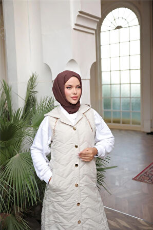 Kapşonlu Çıtçıtlı Kolsuz Cepli Kapitone Uzun Yelek - (38-46) - 71310 - Bej