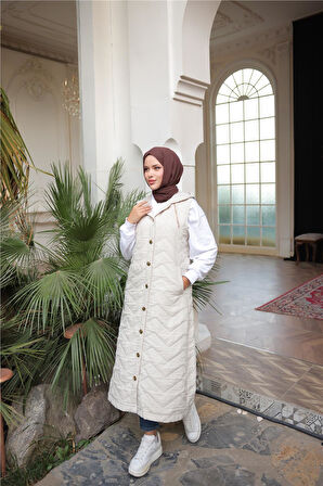 Kapşonlu Çıtçıtlı Kolsuz Cepli Kapitone Uzun Yelek - (38-46) - 71310 - Bej