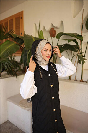 Kapşonlu Çıtçıtlı Kolsuz Cepli Kapitone Uzun Yelek - (38-46) - 71310 - Siyah