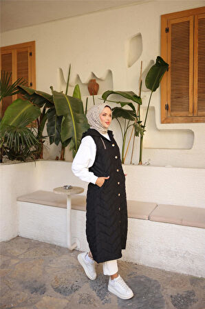 Kapşonlu Çıtçıtlı Kolsuz Cepli Kapitone Uzun Yelek - (38-46) - 71310 - Siyah