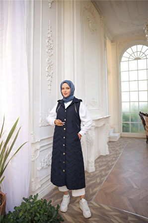 Kapşonlu Çıtçıtlı Kolsuz Cepli Kapitone Uzun Yelek - (38-46) - 71310 - Lacivert