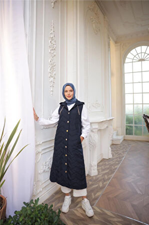 Kapşonlu Çıtçıtlı Kolsuz Cepli Kapitone Uzun Yelek - (38-46) - 71310 - Lacivert