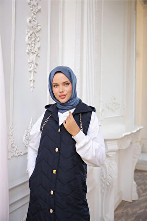 Kapşonlu Çıtçıtlı Kolsuz Cepli Kapitone Uzun Yelek - (38-46) - 71310 - Lacivert