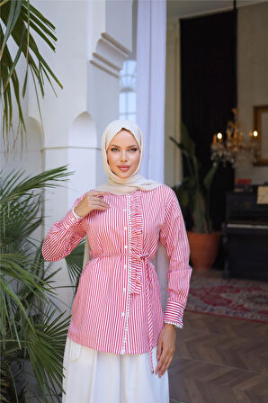 Belden Bağcıklı Fırfır Detalı Gömlek - Etek Takımı - (38-46) - 71303 - Ekru