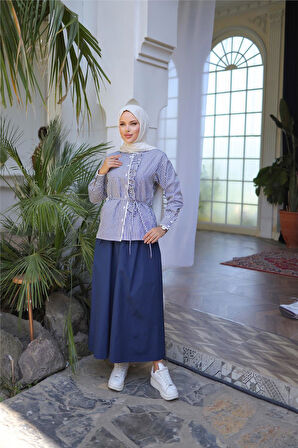 Belden Bağcıklı Fırfır Detalı Gömlek - Etek Takımı - (38-46) - 71303 - Lacivert
