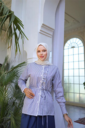 Belden Bağcıklı Fırfır Detalı Gömlek - Etek Takımı - (38-46) - 71303 - Lacivert