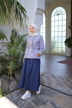 Belden Bağcıklı Fırfır Detalı Gömlek - Etek Takımı - (38-46) - 71303 - Lacivert