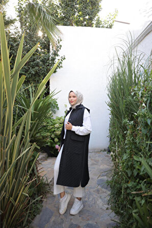 Kapşonlu Düğmeli Kolsuz Cepli Kapitone Uzun Yelek - (38-46) - 71308 - Siyah