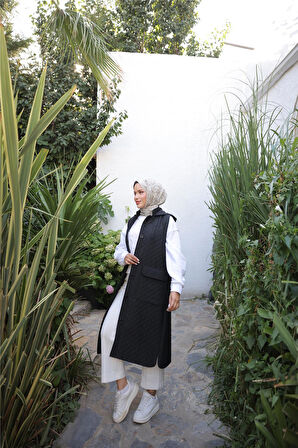 Kapşonlu Düğmeli Kolsuz Cepli Kapitone Uzun Yelek - (38-46) - 71308 - Siyah