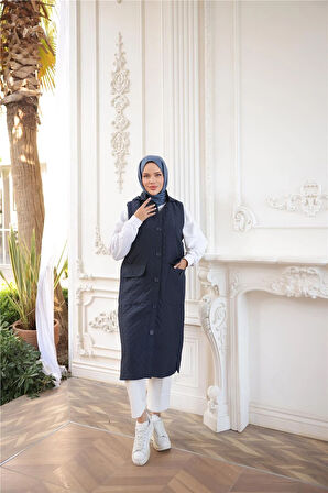 Kapşonlu Düğmeli Kolsuz Cepli Kapitone Uzun Yelek - (38-46) - 71308 - Lacivert