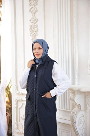 Kapşonlu Düğmeli Kolsuz Cepli Kapitone Uzun Yelek - (38-46) - 71308 - Lacivert