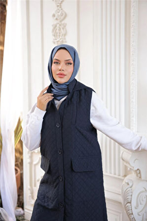 Kapşonlu Düğmeli Kolsuz Cepli Kapitone Uzun Yelek - (38-46) - 71308 - Lacivert