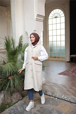 Kapşonlu Düğmeli Kolsuz Cepli Kapitone Uzun Yelek - (38-46) - 71308 - Bej