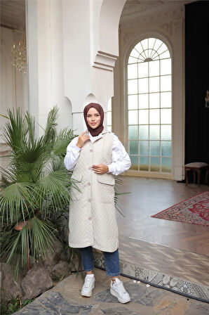 Kapşonlu Düğmeli Kolsuz Cepli Kapitone Uzun Yelek - (38-46) - 71308 - Bej