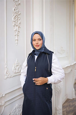 Kapşonlu Fermuarlı Kolsuz Yandan Cepli Kapitone Yelek - (38-46) - 71311 - Lacivert