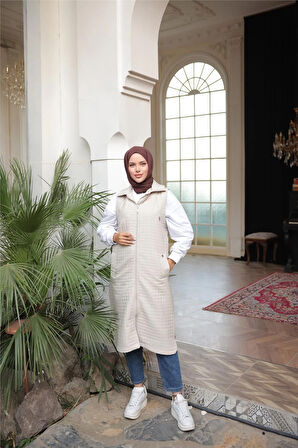 Kapşonlu Fermuarlı Kolsuz Yandan Cepli Kapitone Yelek - (38-46) - 71311 - Bej