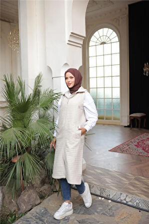 Kapşonlu Fermuarlı Kolsuz Yandan Cepli Kapitone Yelek - (38-46) - 71311 - Bej