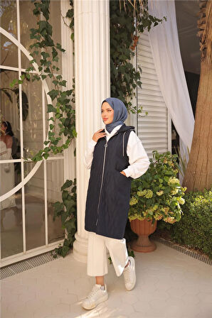 Kapşonlu Fermuarlı Cepli Kolsuz Cepli Kapitone Yelek - (38-46) - 71307 - Lacivert