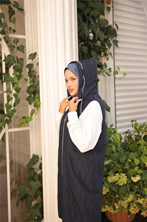 Kapşonlu Fermuarlı Cepli Kolsuz Cepli Kapitone Yelek - (38-46) - 71307 - Lacivert