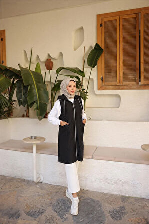 Kapşonlu Fermuarlı Cepli Kolsuz Cepli Kapitone Yelek - (38-46) - 71307 - Siyah