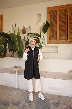 Kapşonlu Fermuarlı Cepli Kolsuz Cepli Kapitone Yelek - (38-46) - 71307 - Siyah