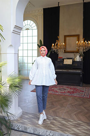 Kolları Lastikli Belden Büzgülü Bağcık Düğmeli Gömlek - (38-46) - 71302 - Ekru