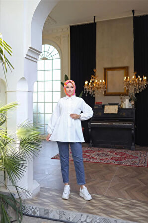 Kolları Lastikli Belden Büzgülü Bağcık Düğmeli Gömlek - (38-46) - 71302 - Ekru