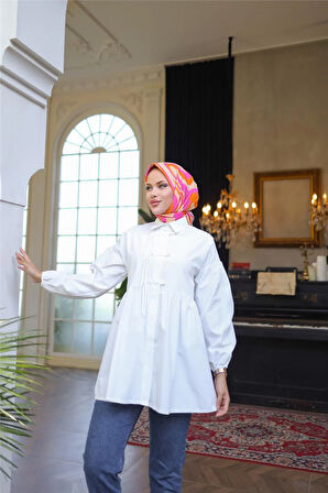 Kolları Lastikli Belden Büzgülü Bağcık Düğmeli Gömlek - (38-46) - 71302 - Ekru