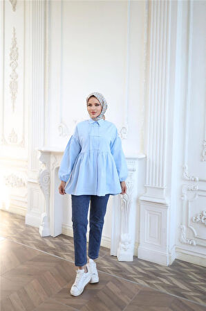 Kolları Lastikli Belden Büzgülü Bağcık Düğmeli Gömlek - (38-46) - 71302 - Mavi