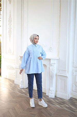 Kolları Lastikli Belden Büzgülü Bağcık Düğmeli Gömlek - (38-46) - 71302 - Mavi