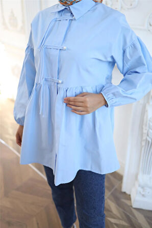 Kolları Lastikli Belden Büzgülü Bağcık Düğmeli Gömlek - (38-46) - 71302 - Mavi