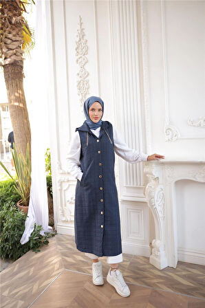 Kapşonlu Çıtçıtlı Kolsuz Cepli Uzun Kapitone Yelek - (38-46) - 71195 - Lacivert