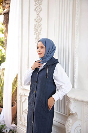 Kapşonlu Çıtçıtlı Kolsuz Cepli Uzun Kapitone Yelek - (38-46) - 71195 - Lacivert