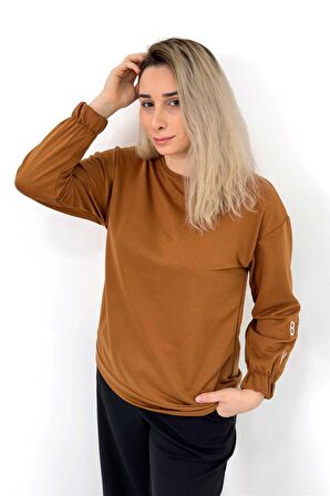 Kolu Yazı Nakışlı İşlemeli Kahverengi Sweatshirt Kahverengi