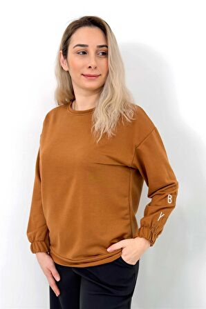 Kolu Yazı Nakışlı İşlemeli Kahverengi Sweatshirt Kahverengi