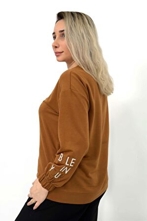 Kolu Yazı Nakışlı İşlemeli Kahverengi Sweatshirt Kahverengi