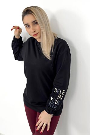 Kolu Yazı Nakışlı İşlemeli Siyah Sweatshirt Siyah