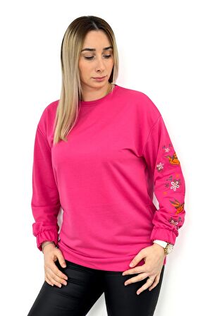 Kolu Nakışlı Sweatshirt Fuşya