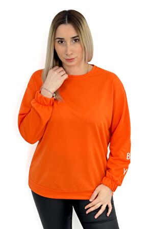 Kolu Yazı Nakışlı İşlemeli Turuncu Sweatshirt