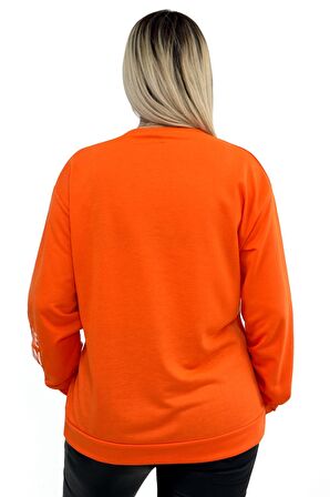 Kolu Yazı Nakışlı İşlemeli Turuncu Sweatshirt