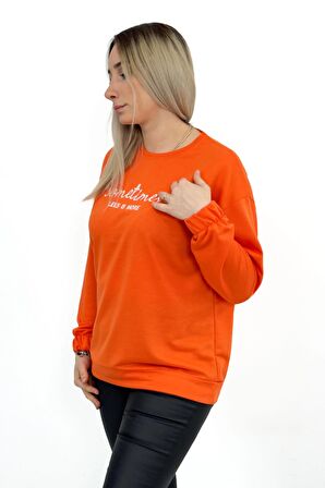 Yazı Nakışlı Turuncu İşemeli Kolu Lastikli Sweatshirt