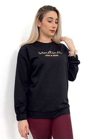 Yazı Nakışlı Siyah İşemeli Kolu Lastikli Sweatshirt Siyah