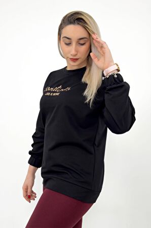 Yazı Nakışlı Siyah İşemeli Kolu Lastikli Sweatshirt Siyah