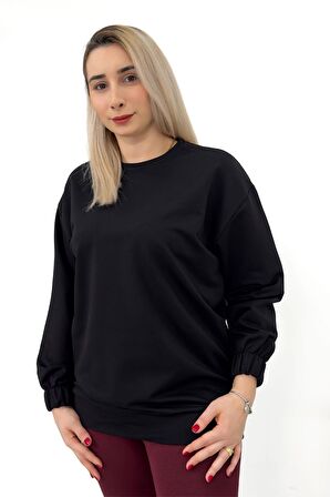 Siyah Düz Basic Kolu Lastikli Sweatshirt Siyah