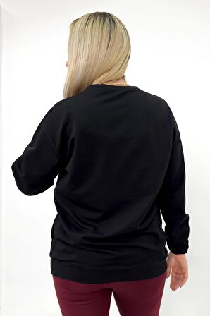 Siyah Düz Basic Kolu Lastikli Sweatshirt Siyah